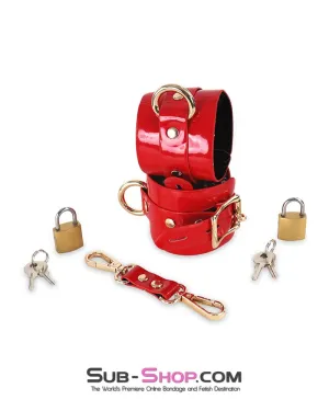 0756DL  Locking Shiny Red Patent Vegan Leather Bondage Wrist Cuffs