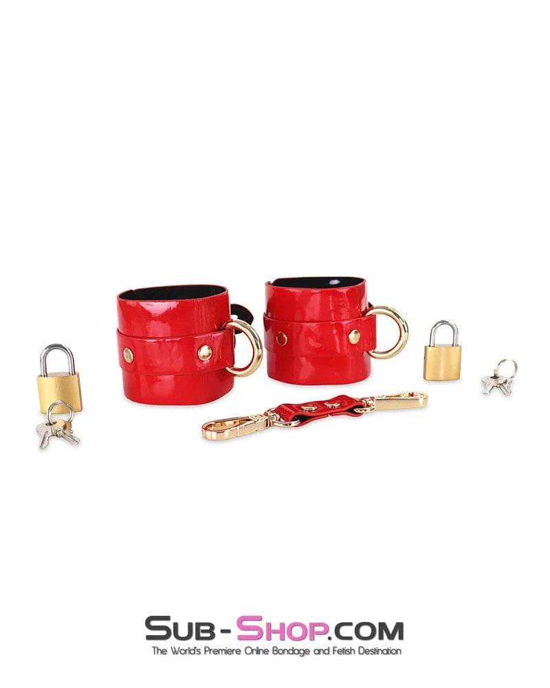 0756DL  Locking Shiny Red Patent Vegan Leather Bondage Wrist Cuffs
