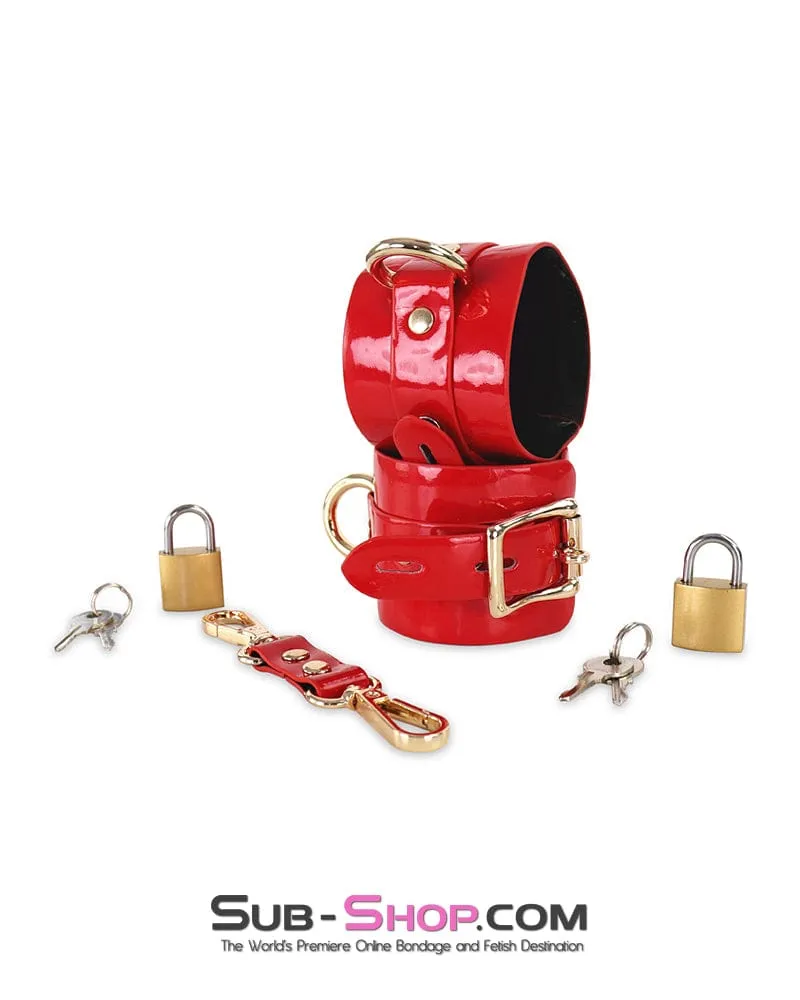 0756DL  Locking Shiny Red Patent Vegan Leather Bondage Wrist Cuffs