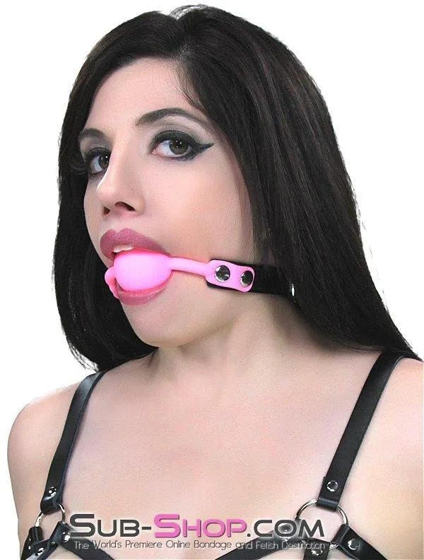 0835M-SIS      Pretty Sissy Boy Bondage Slave Locking Sissy Hypnosis Small Riveted Rubber Ballgag. Pink Ball