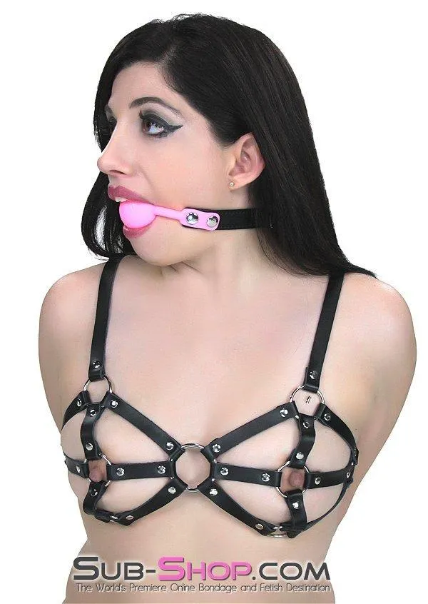 0835M-SIS      Pretty Sissy Boy Bondage Slave Locking Sissy Hypnosis Small Riveted Rubber Ballgag. Pink Ball