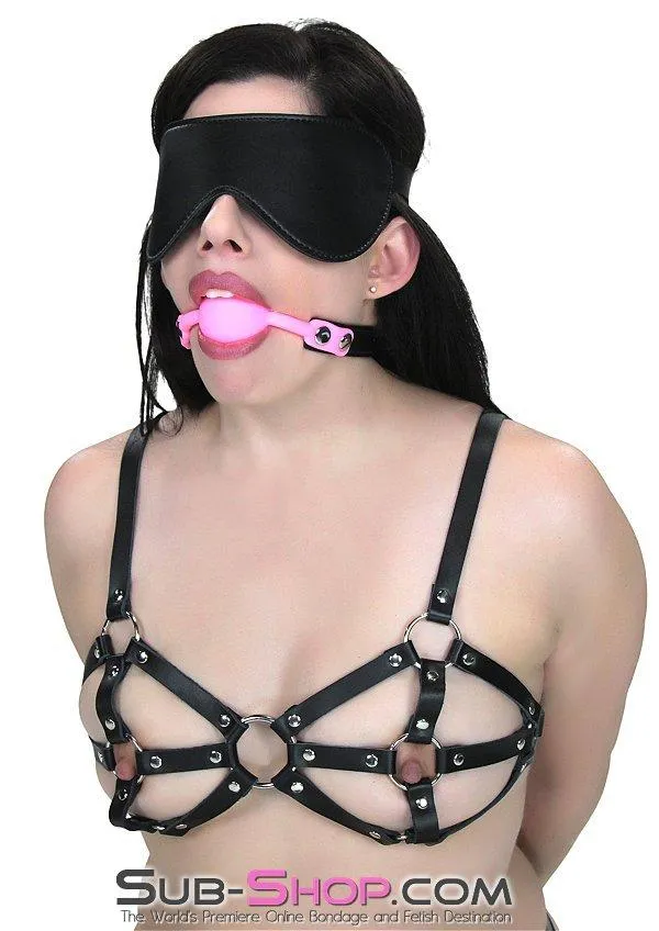 0835M-SIS      Pretty Sissy Boy Bondage Slave Locking Sissy Hypnosis Small Riveted Rubber Ballgag. Pink Ball