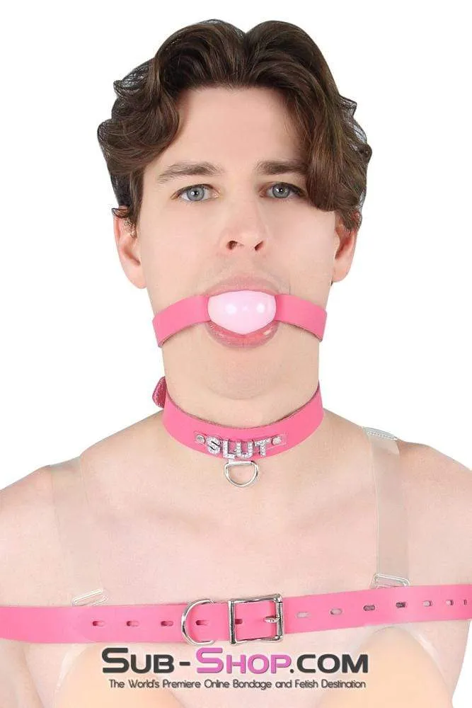 2541A-SIS      Sissy Boi Bitch Hot Pink Classic Leather Ball Gag Dominant Woman Strap. Candy Pop Pink Ball