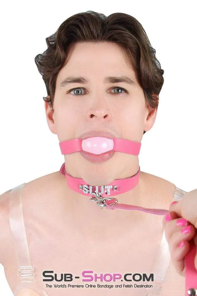 2541A-SIS      Sissy Boi Bitch Hot Pink Classic Leather Ball Gag Dominant Woman Strap. Candy Pop Pink Ball