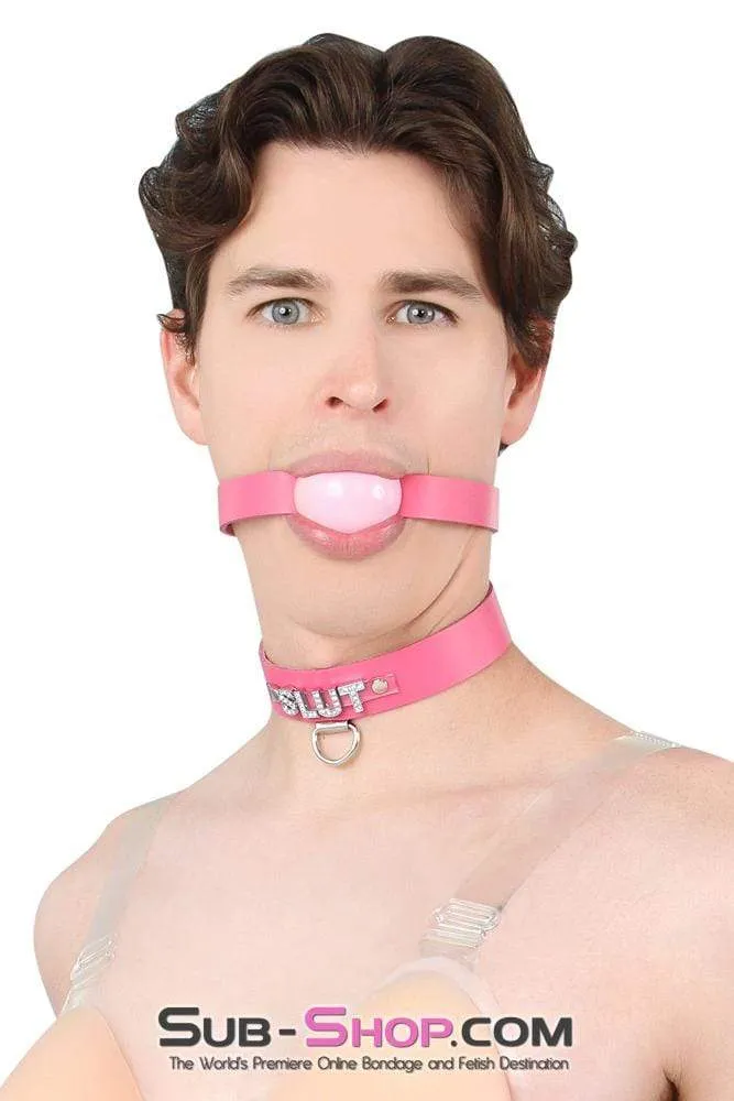 2541A-SIS      Sissy Boi Bitch Hot Pink Classic Leather Ball Gag Dominant Woman Strap. Candy Pop Pink Ball