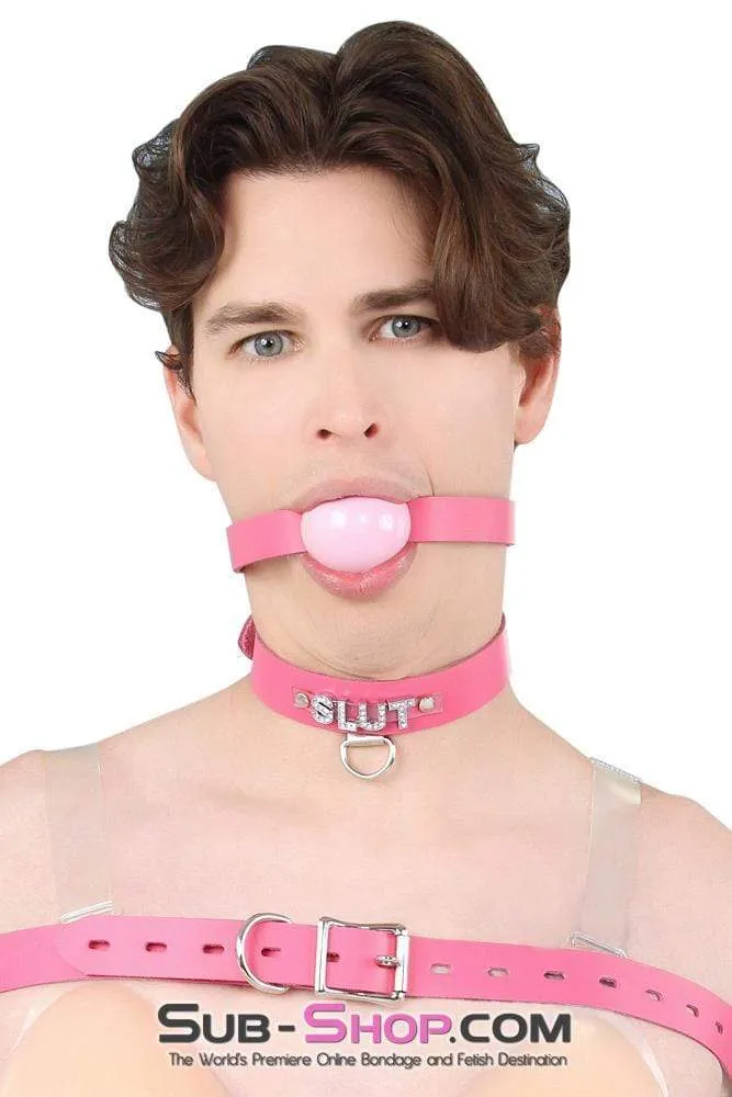 2541A-SIS      Sissy Boi Bitch Hot Pink Classic Leather Ball Gag Dominant Woman Strap. Candy Pop Pink Ball