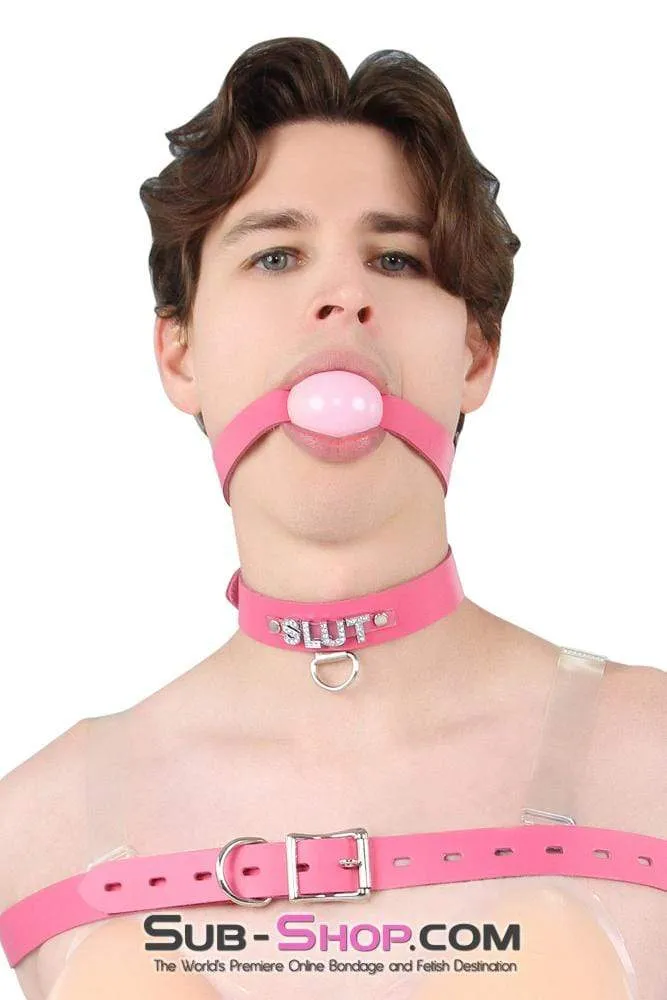 2541A-SIS      Sissy Boi Bitch Hot Pink Classic Leather Ball Gag Dominant Woman Strap. Candy Pop Pink Ball