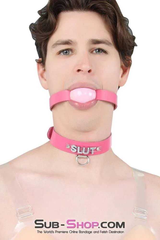 2541A-SIS      Sissy Boi Bitch Hot Pink Classic Leather Ball Gag Dominant Woman Strap. Candy Pop Pink Ball