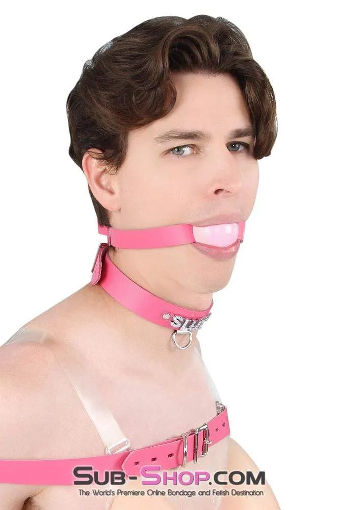 2541A-SIS      Sissy Boi Bitch Hot Pink Classic Leather Ball Gag Dominant Woman Strap. Candy Pop Pink Ball