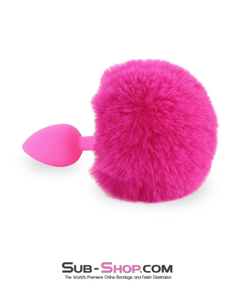 3717M-SIS      Sissy Hop Pink Powder Puff Bunny Tail. Small Pink Silicone Plug