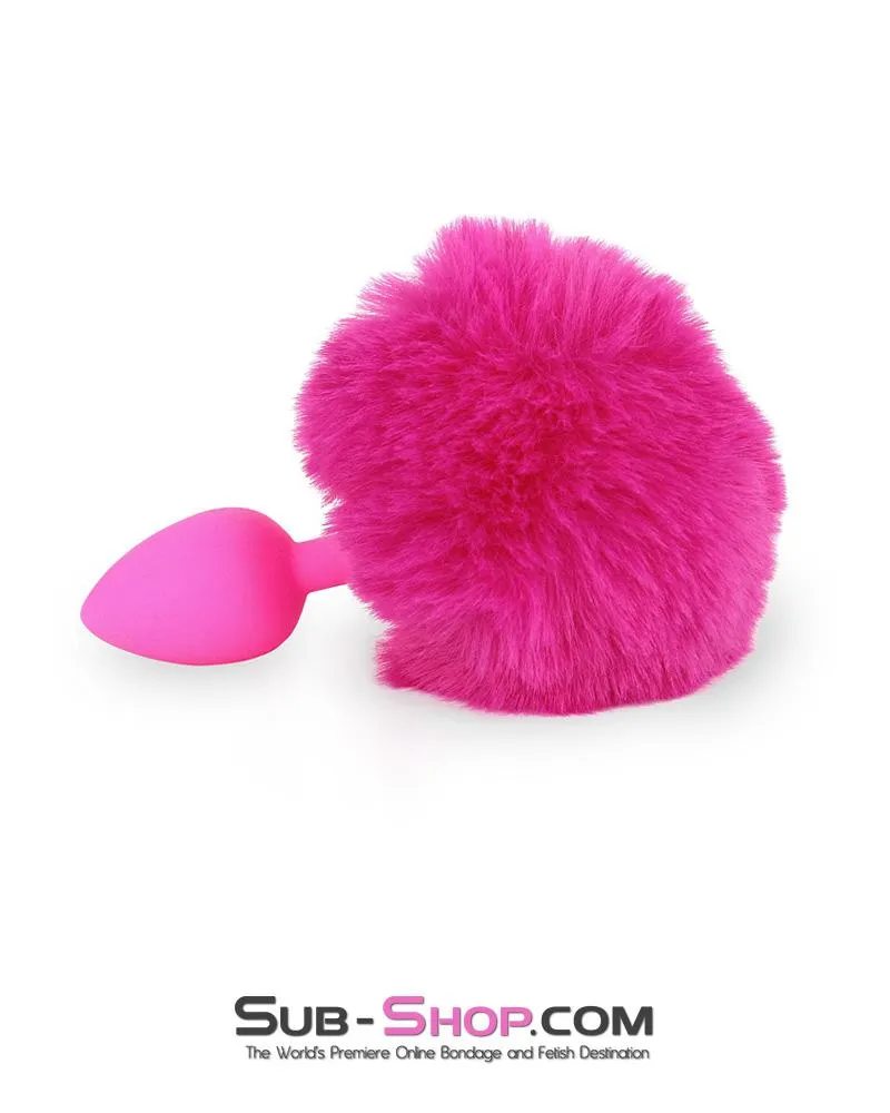 3717M-SIS      Sissy Hop Pink Powder Puff Bunny Tail. Small Pink Silicone Plug