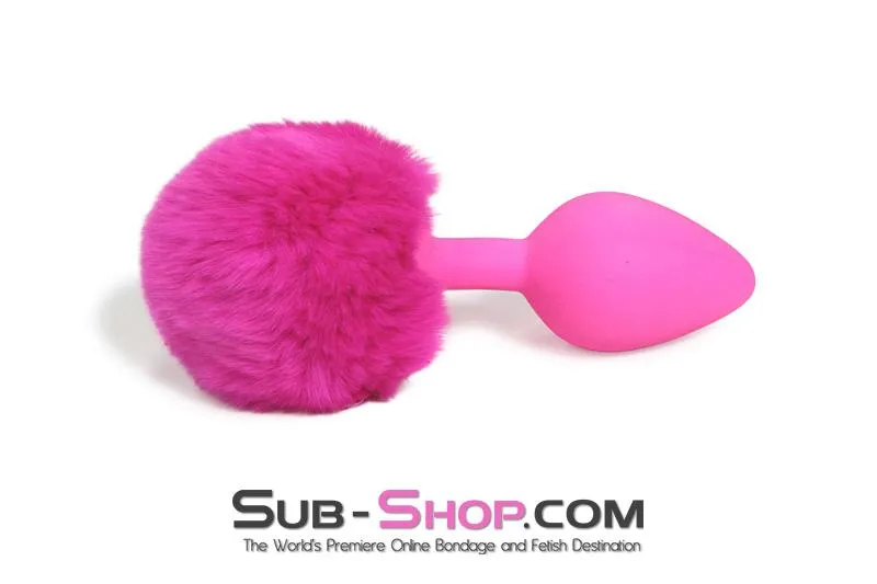 3737M-SIS      Somebunny Loves You Pink Sissy Powder Puff Bunny Tail. Medium Pink Silicone Plug