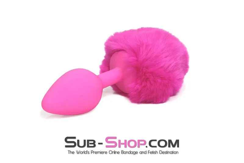 3737M-SIS      Somebunny Loves You Pink Sissy Powder Puff Bunny Tail. Medium Pink Silicone Plug
