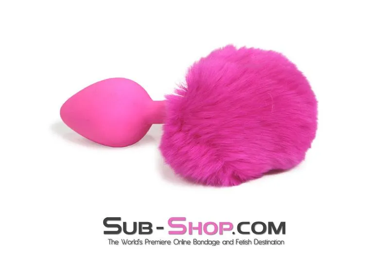 3737M-SIS      Somebunny Loves You Pink Sissy Powder Puff Bunny Tail. Medium Pink Silicone Plug