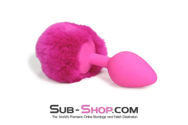 3737M-SIS      Somebunny Loves You Pink Sissy Powder Puff Bunny Tail. Medium Pink Silicone Plug