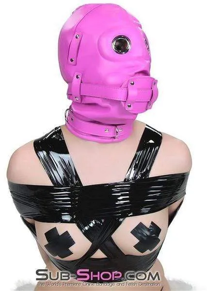 4731RS-SIS      Hot Pink Deep Throat Sissy Pretty Fantasy Locking Sissy Mistress Full Hood with Removable Blindfold and 4 Penis Gag