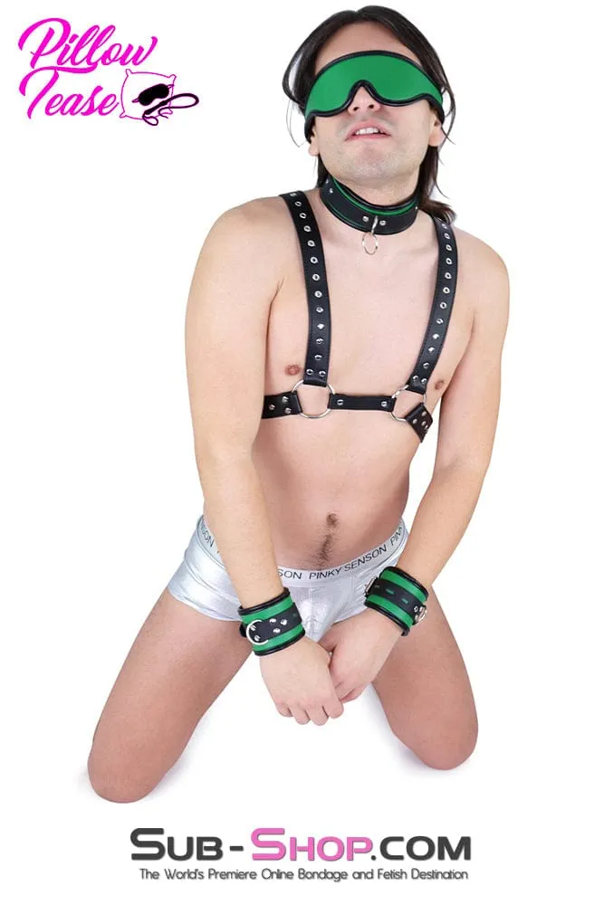 9999DL      Emerald Green Bondage Collar. Wrist Cuffs and Blindfold Set