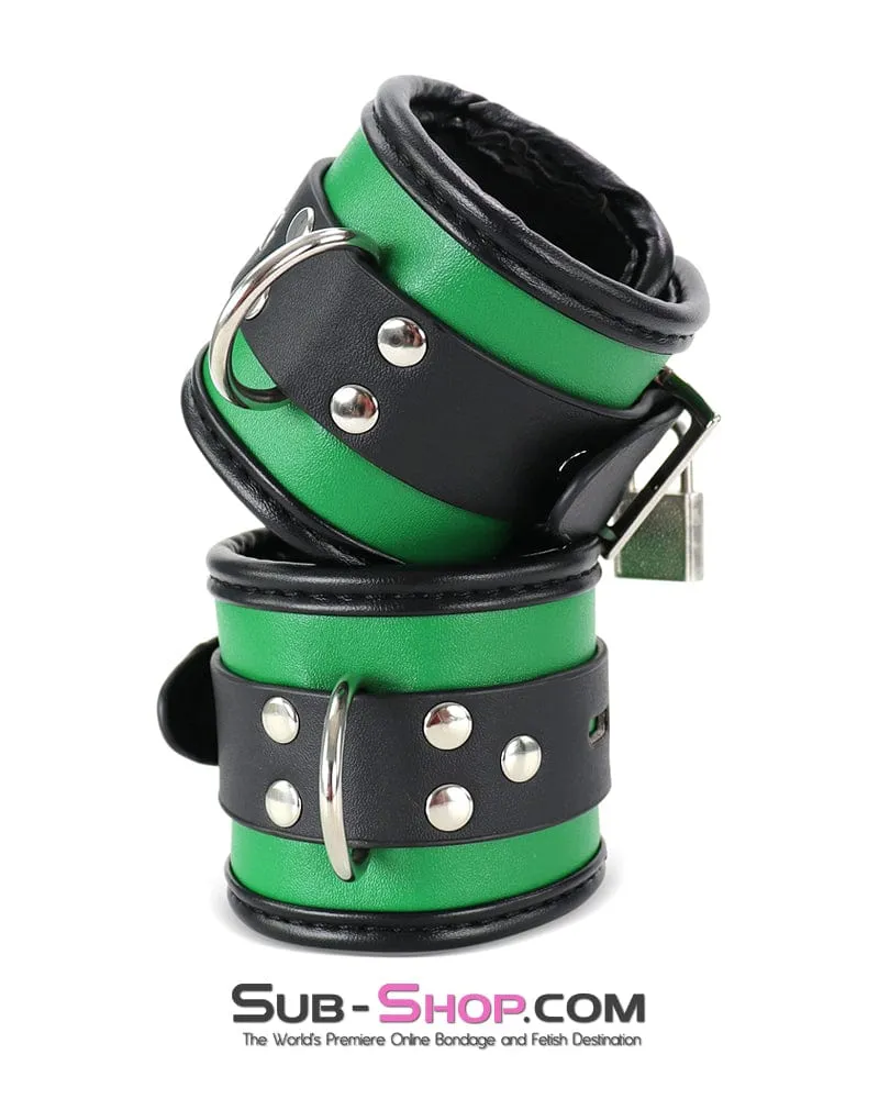 9999DL      Emerald Green Bondage Collar. Wrist Cuffs and Blindfold Set