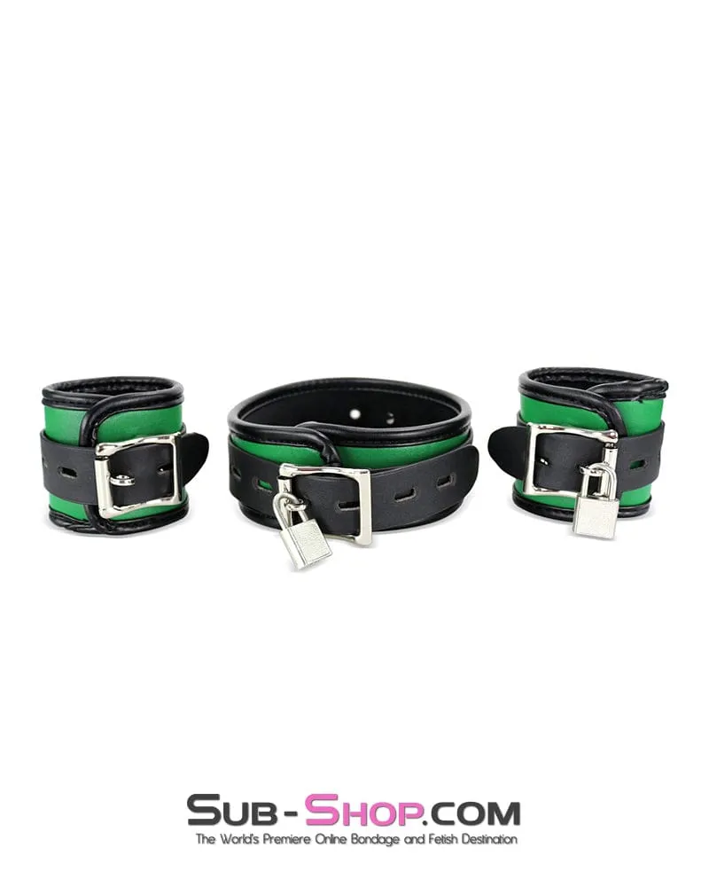 9999DL      Emerald Green Bondage Collar. Wrist Cuffs and Blindfold Set