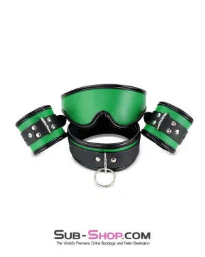 9999DL      Emerald Green Bondage Collar. Wrist Cuffs and Blindfold Set