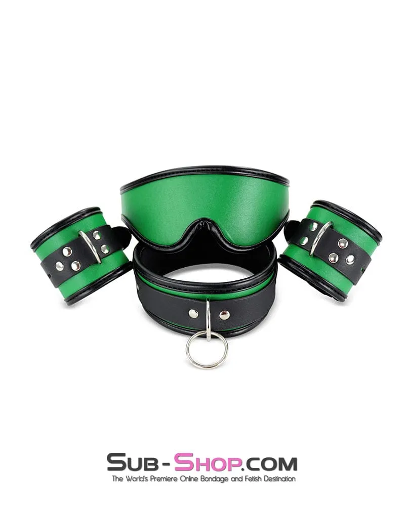 9999DL      Emerald Green Bondage Collar. Wrist Cuffs and Blindfold Set
