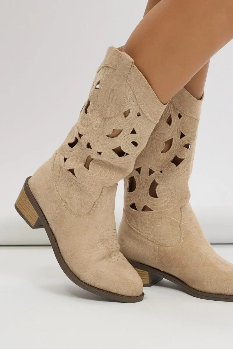 Beige Cut Out Western Cowboy Boots