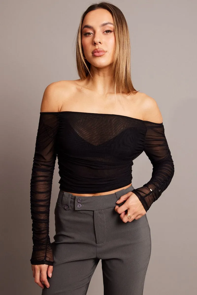 Black Off Shoulder Top Long Sleeve Mesh