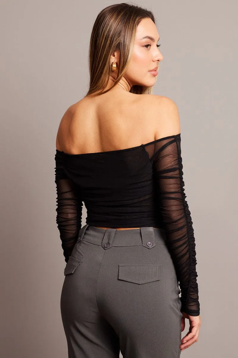 Black Off Shoulder Top Long Sleeve Mesh