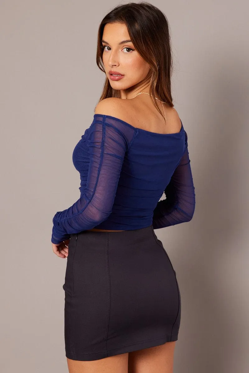 Blue Off Shoulder Top Long Sleeve Mesh