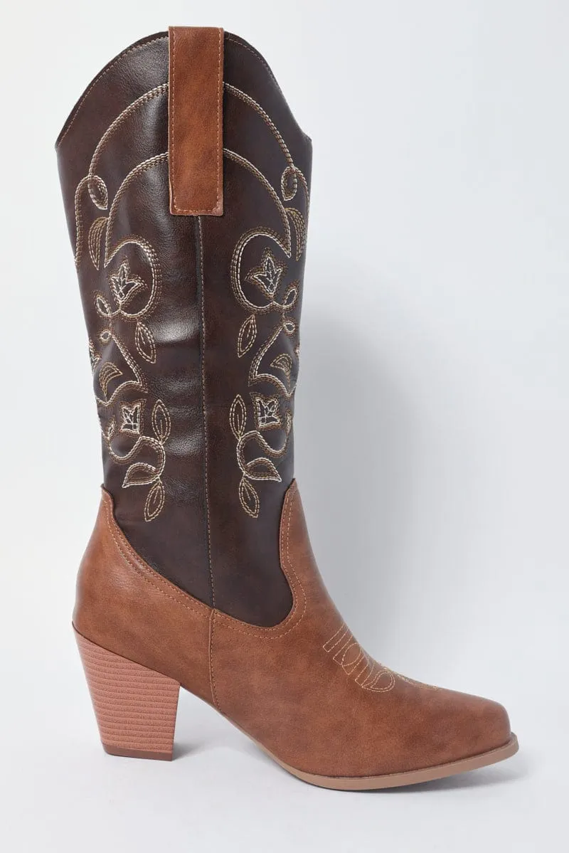 Brown Embroidered Western Cowboy Boots