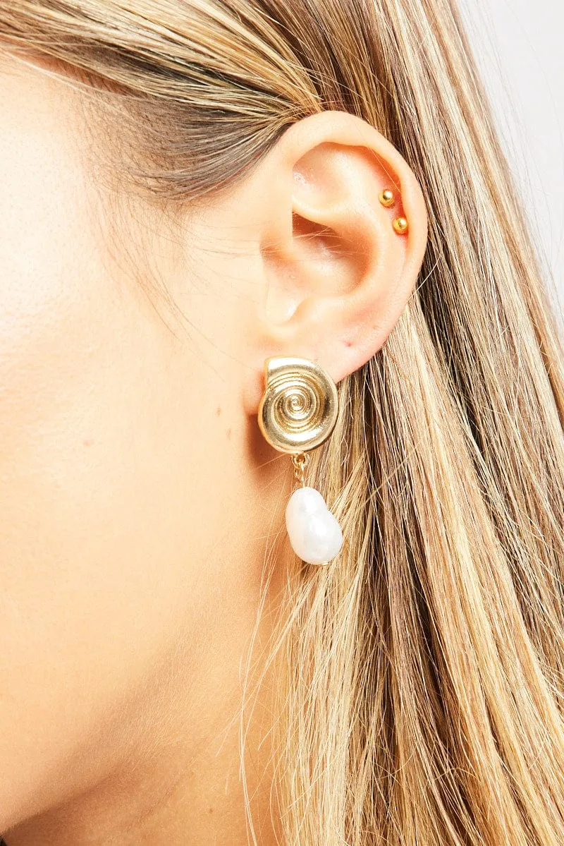 Gold Pearl Pendant Spiral Earrings