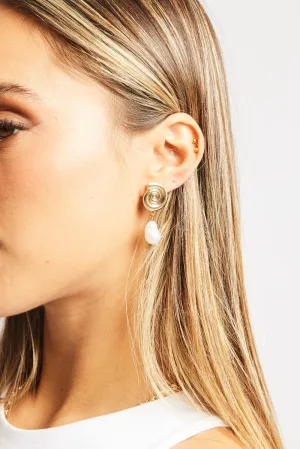 Gold Pearl Pendant Spiral Earrings