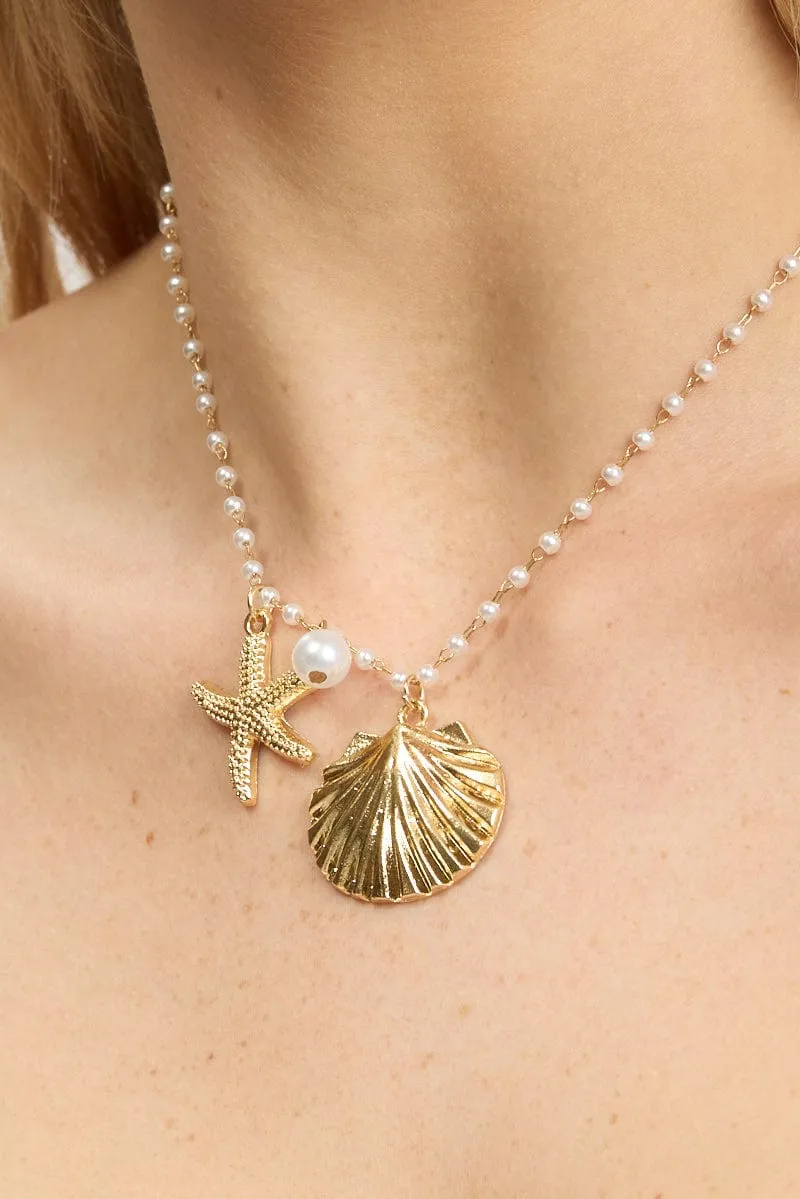 Gold Starfish and Shell Pendent Necklace