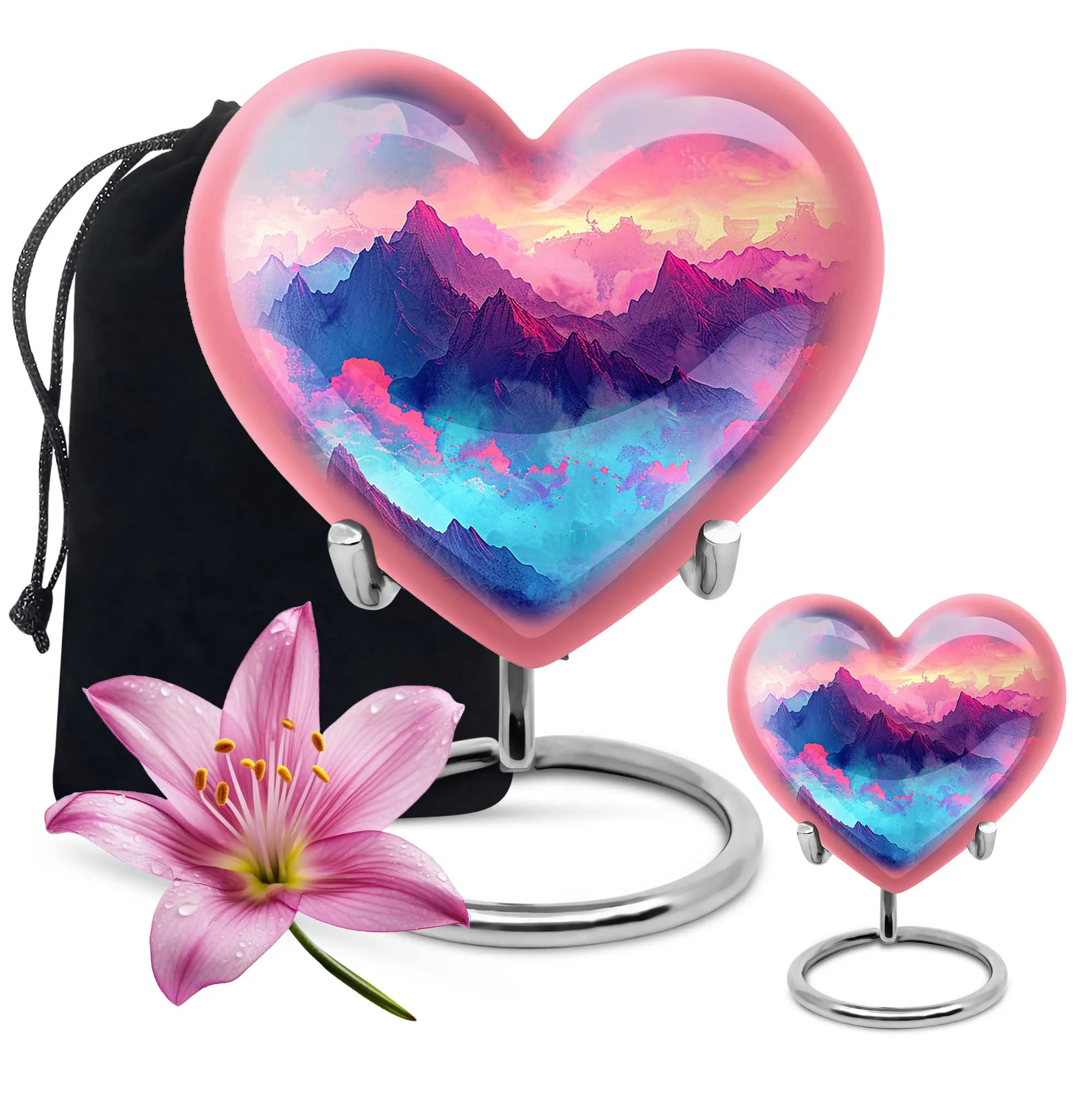 MOUNTAINS Heart Urn Purple Meadow, Perfect Memorial Urns for Burial Ashes