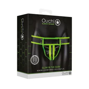 Ouch! Glow in the Dark Bonded Leather Striped Jock Strap Neon Green L/XL
