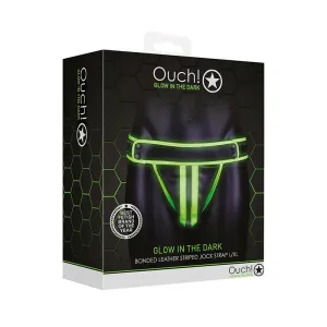 Ouch! Glow in the Dark Bonded Leather Striped Jockstrap Neon Green L/XL