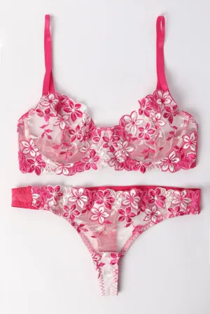 Pink Floral Embroidery Lingerie Set