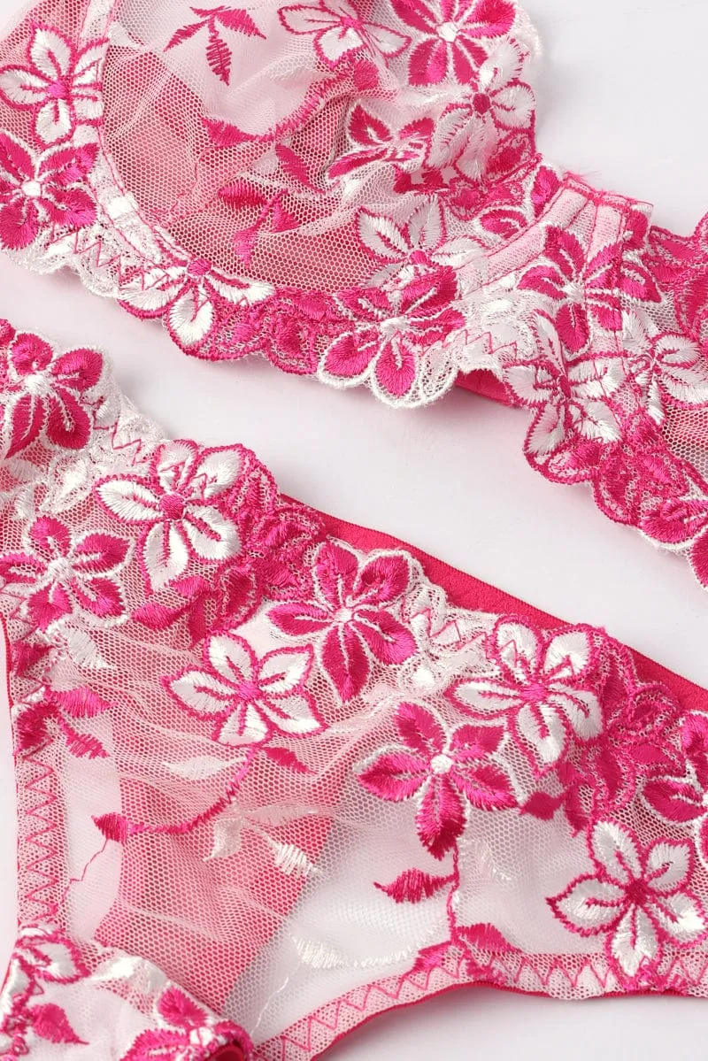 Pink Floral Embroidery Lingerie Set