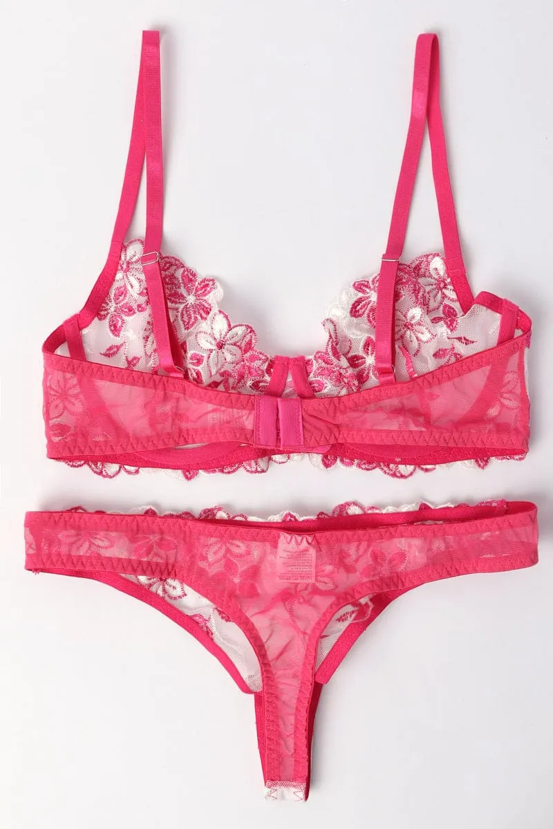 Pink Floral Embroidery Lingerie Set