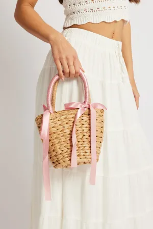 Pink Straw Basket Shoulder Bag with Bows