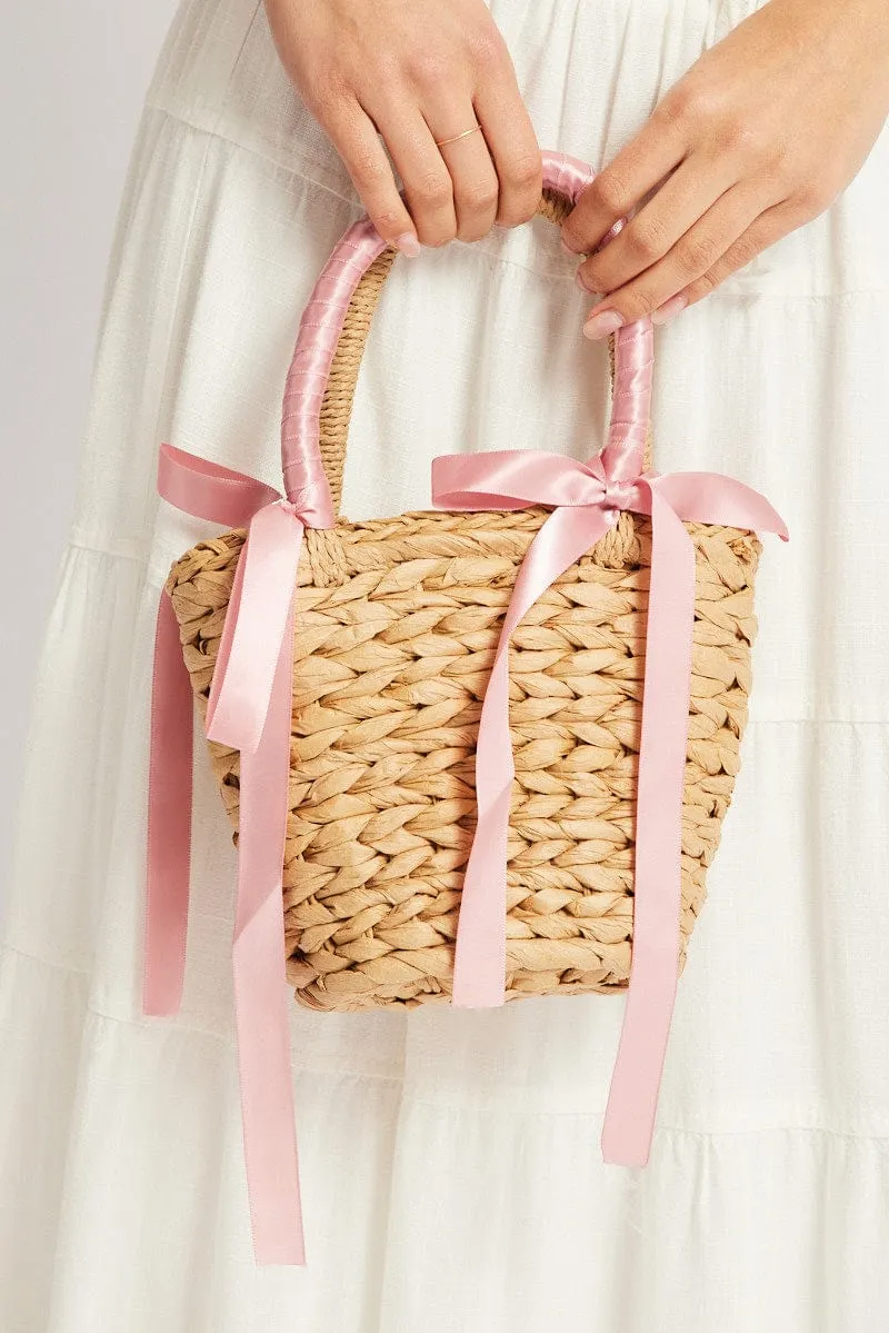 Pink Straw Basket Shoulder Bag with Bows