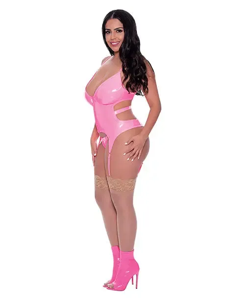 Plus Size Pink Wet Look Lingerie Hard Candy Basque & Cheeky Panty Pink Queen Size