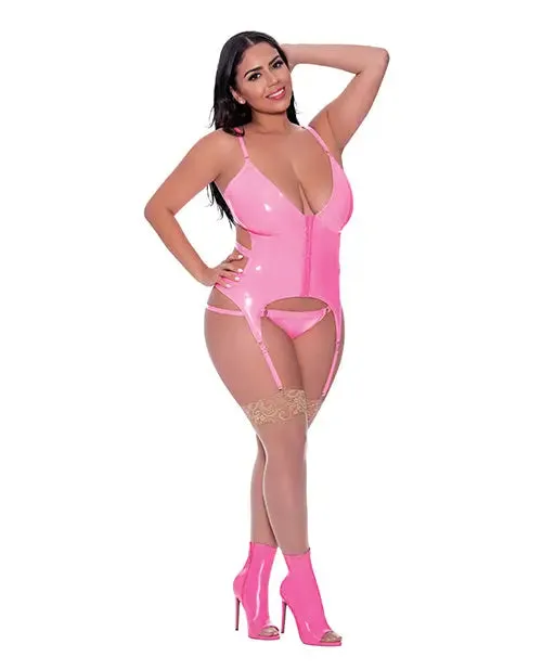 Plus Size Pink Wet Look Lingerie Hard Candy Basque & Cheeky Panty Pink Queen Size
