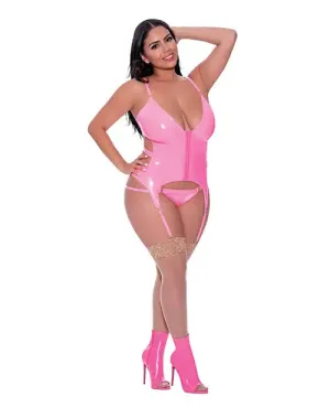 Plus Size Pink Wet Look Lingerie Hard Candy Basque & Cheeky Panty Pink Queen Size