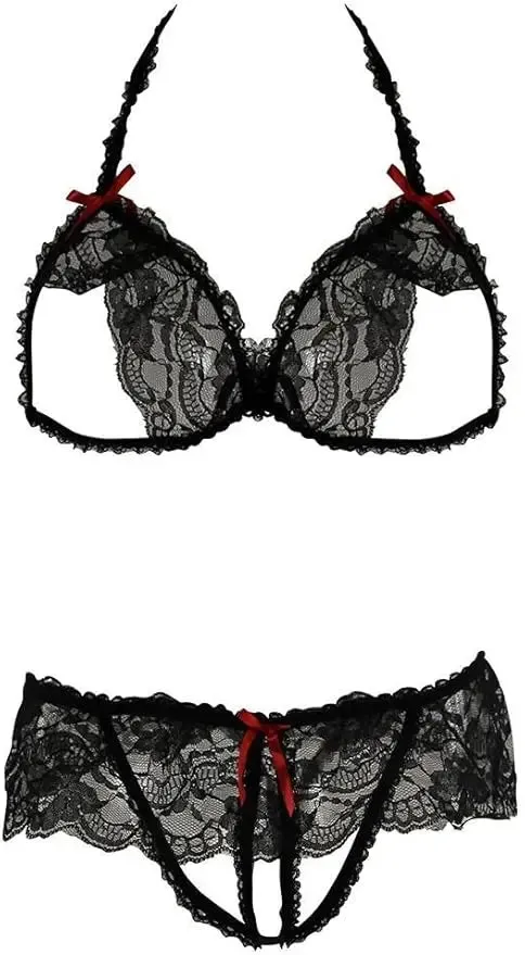 Valentines Day Lingerie Rene Rofe 2-piece Lace Peek-A-Boo Bra & Crotchless Panty Set Black S/M
