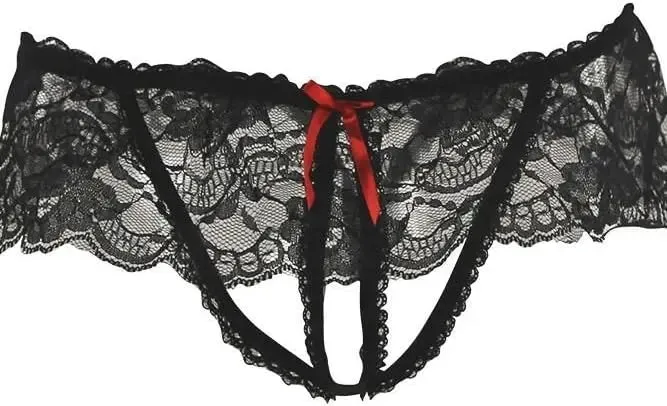 Valentines Day Lingerie Rene Rofe 2-piece Lace Peek-A-Boo Bra & Crotchless Panty Set Black S/M