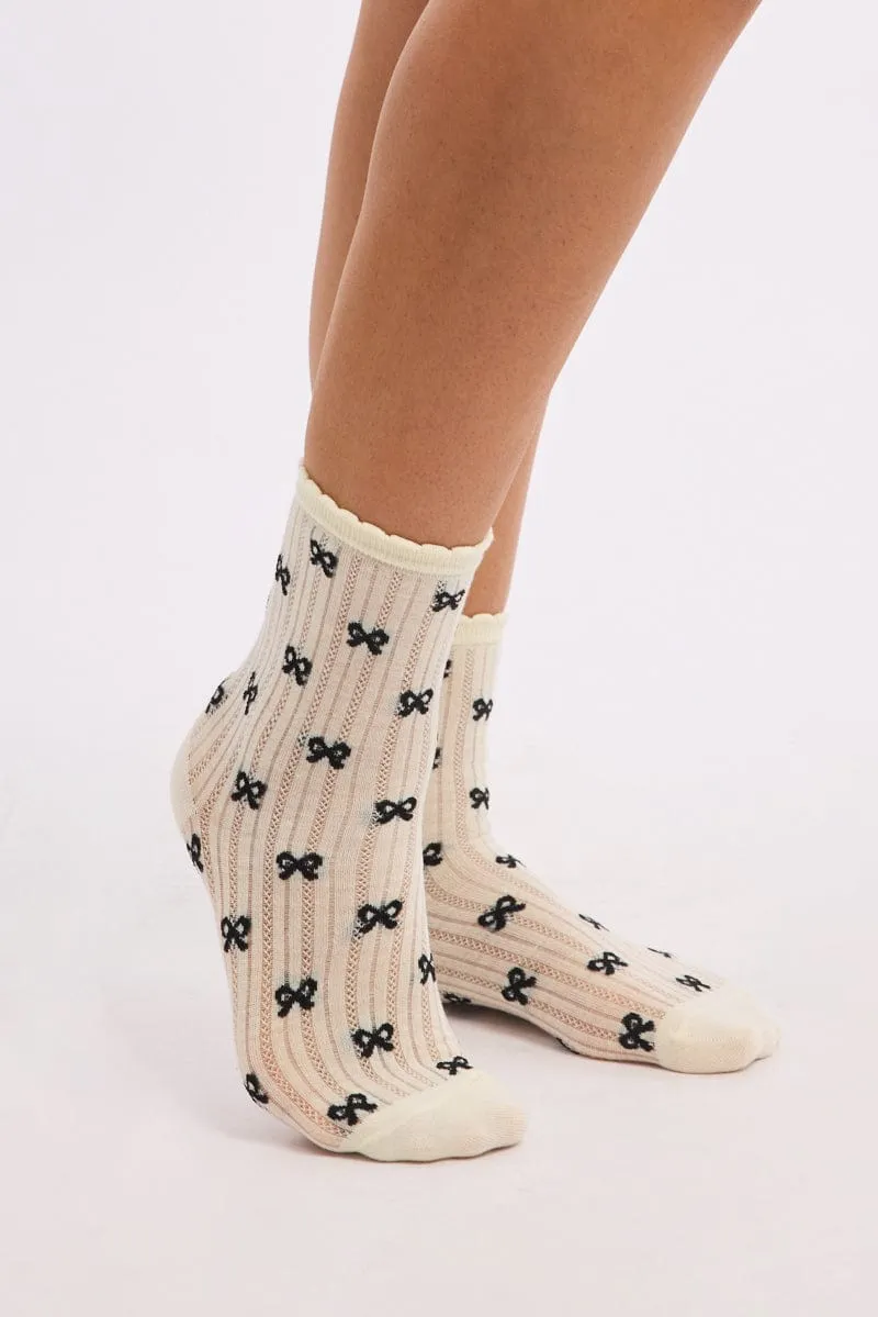 White Bow Print Socks
