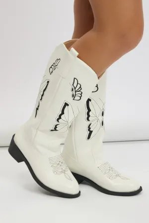 White Butterfly Embroidered Western Cowboy Boots