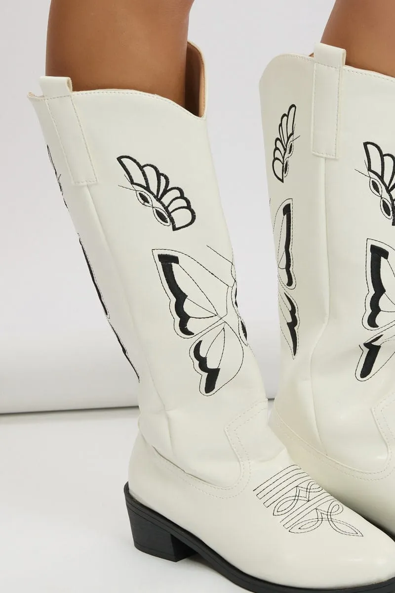 White Butterfly Embroidered Western Cowboy Boots