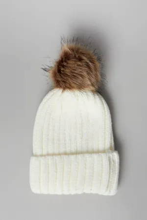 White Faux Fur Pom Pom Beanie